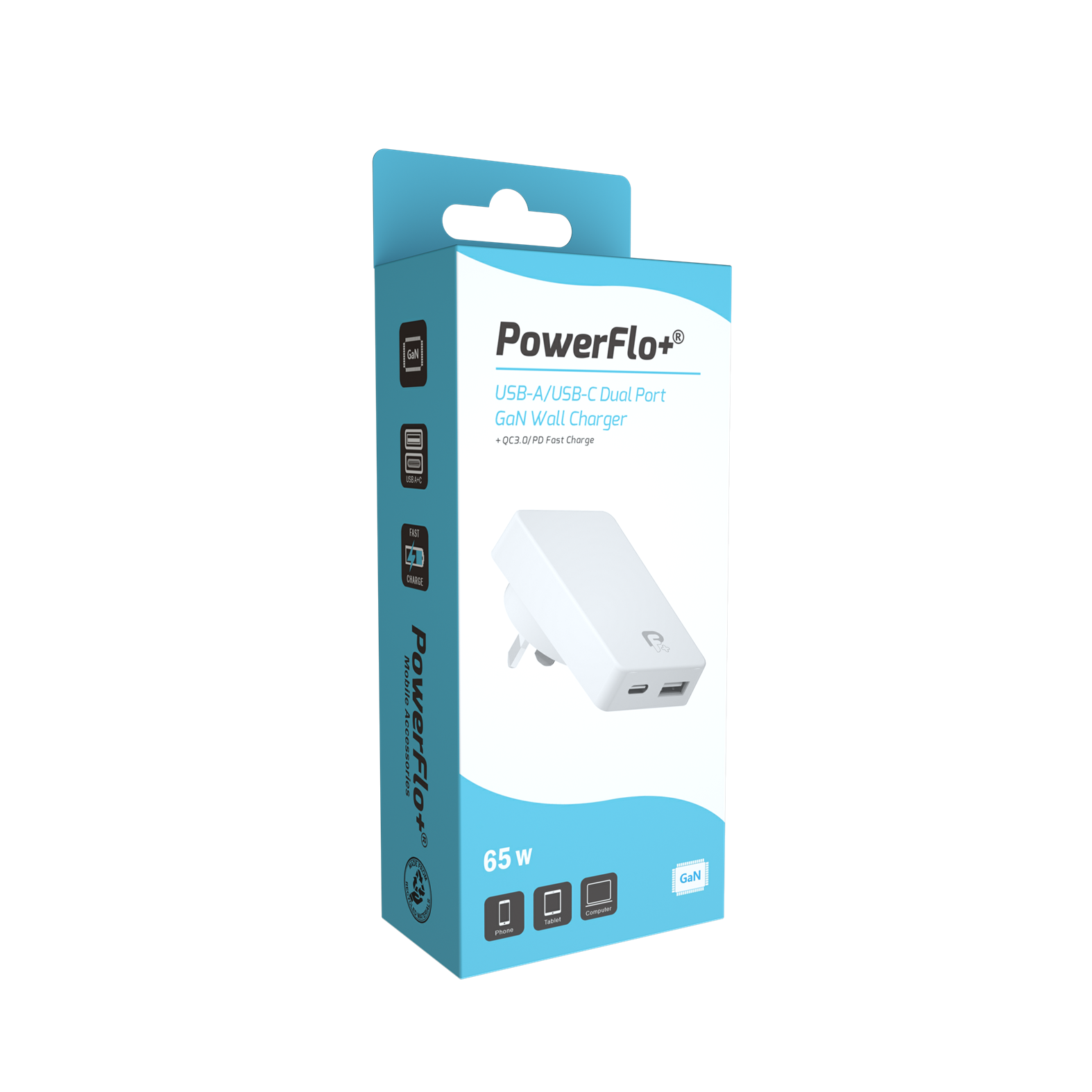 Powerflo Dual Port Wall Charger – USB AUSB-C 65w QC 3.0+PD