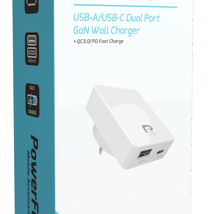 Powerflo Dual Port GaN Wall Charger USB A/USB-C 36w QC 3.0+PD